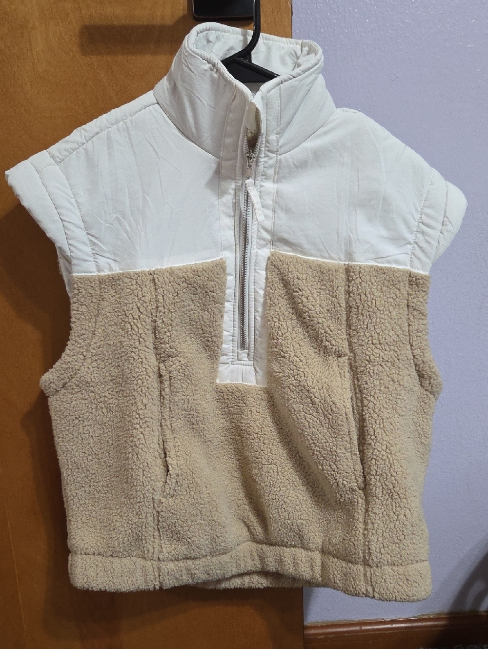 Cream and White Sherpa Vest with Zip Pullover Neck